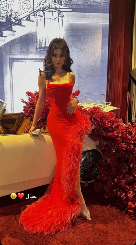 Sexy Mermaid Straps Sleeveless Long Red Prom Dress With Feather P1204