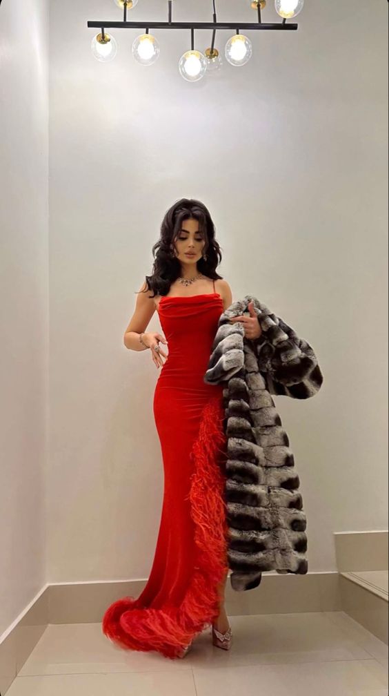 Sexy Mermaid Straps Sleeveless Long Red Prom Dress With Feather P1204