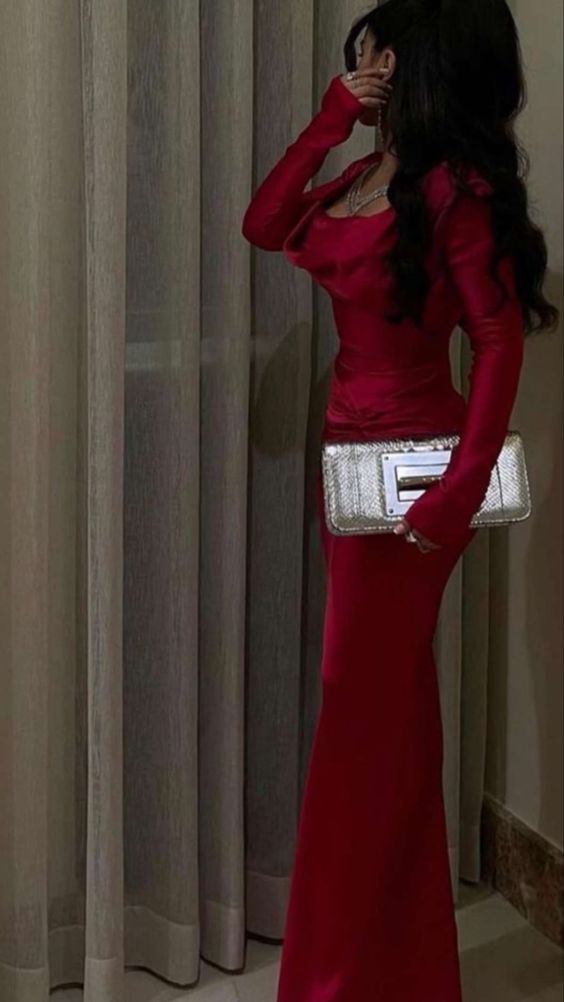 Sexy Mermaid Long Sleeves Red Prom Dresses P1206