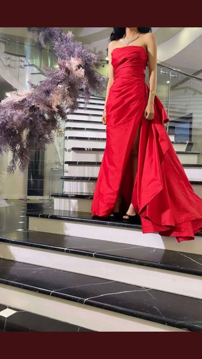 Sexy Mermaid Long Strapless Red Slit Prom Dresses P1207
