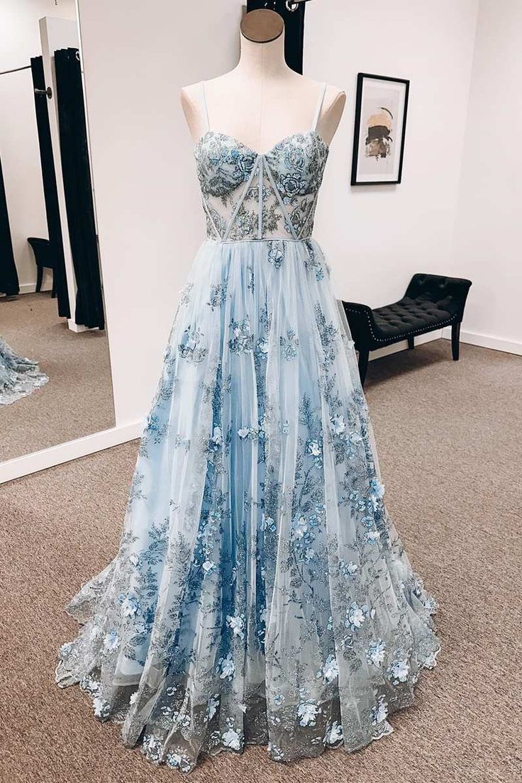 Vintage Blue 3D Floral Lace Sweetheart A-Line Long Prom Dress P1215