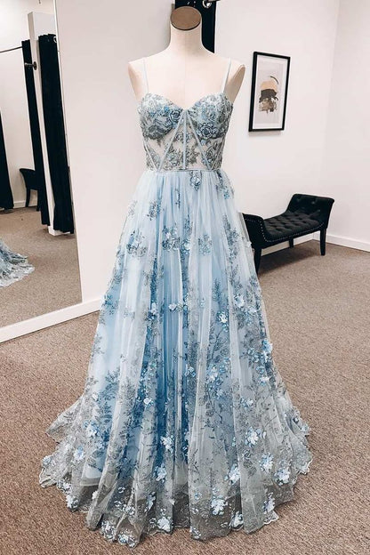 Vintage Blue 3D Floral Lace Sweetheart A-Line Long Prom Dress P1215