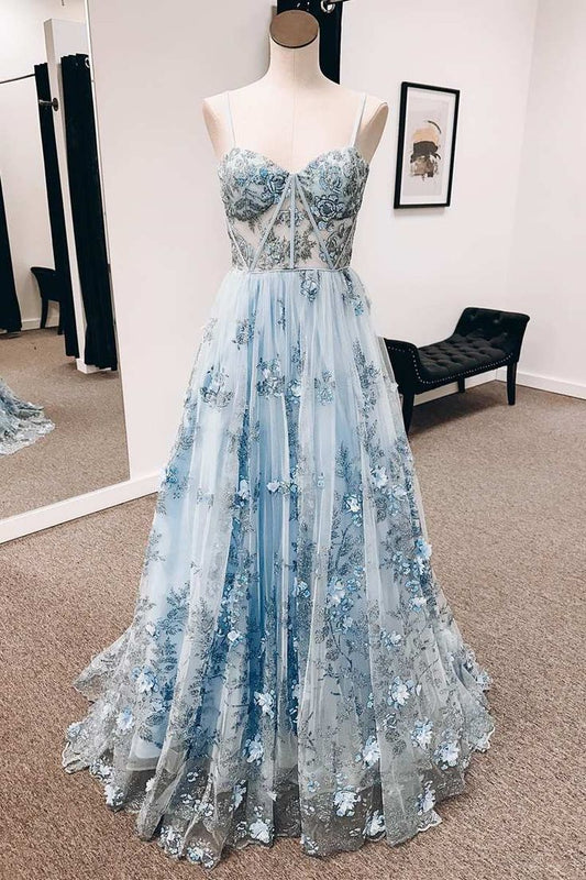 Vintage Blue 3D Floral Lace Sweetheart A-Line Long Prom Dress P1215
