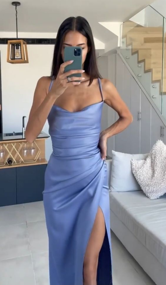 Sexy Sheath Straps Silk Satin Blue Prom Dresses P1226