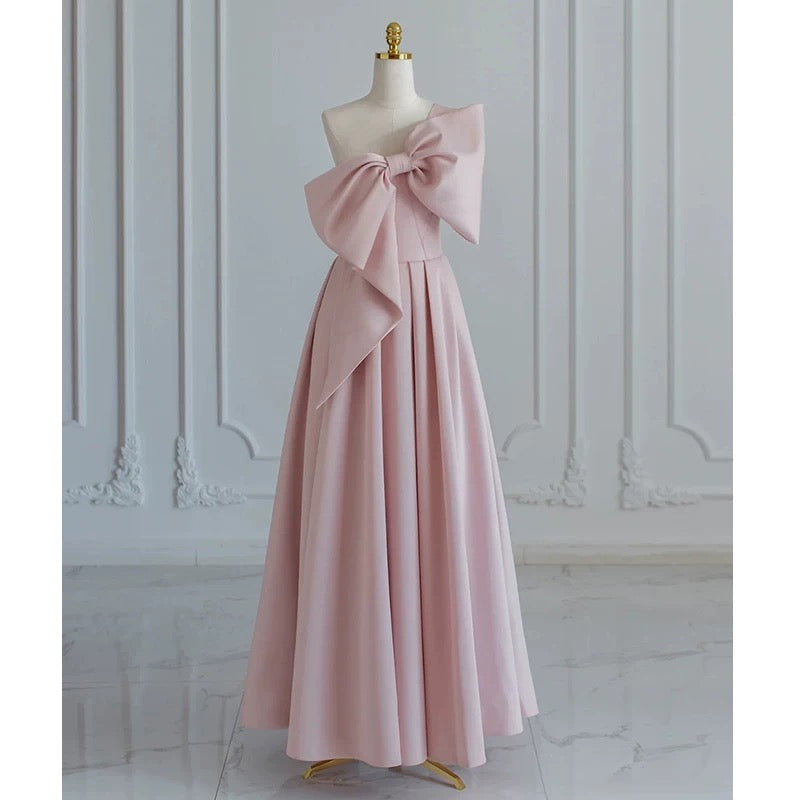 Modest A Line Strapless Long Sleeveless Satin Pink Prom Dresses P1233