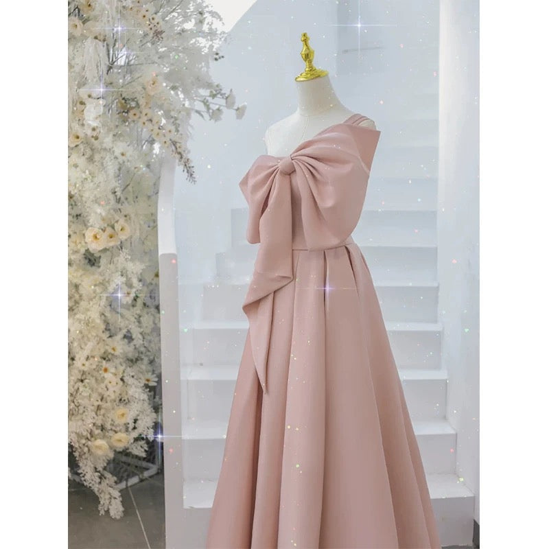 Modest A Line Strapless Long Sleeveless Satin Pink Prom Dresses P1233