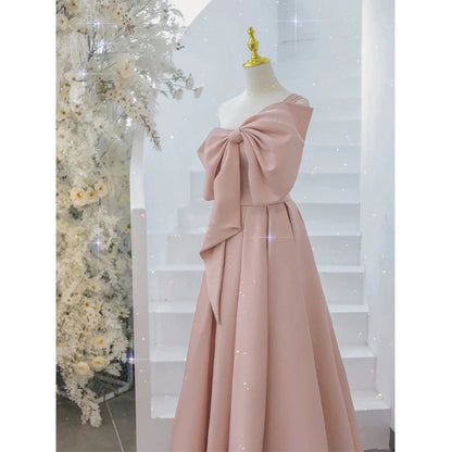 Modest A Line Strapless Long Sleeveless Satin Pink Prom Dresses P1233