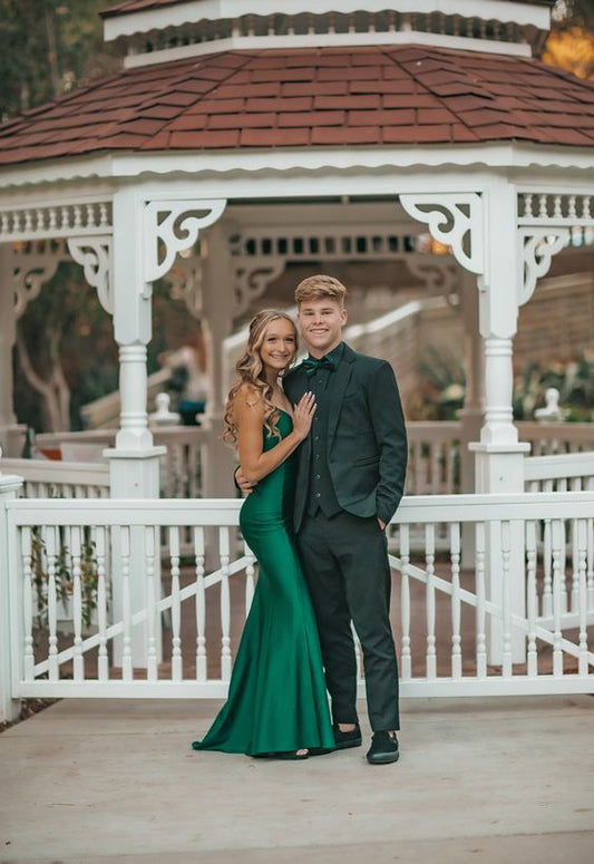 Modest Mermaid Straps Long Satin Green Prom Dresses P1238
