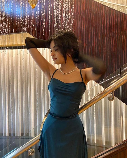 Simple A Line Straps Long Slit Teal Prom Dresses P1250