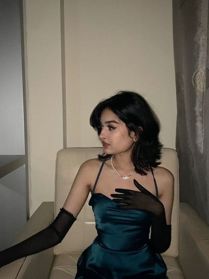 Simple A Line Straps Long Slit Teal Prom Dresses P1250