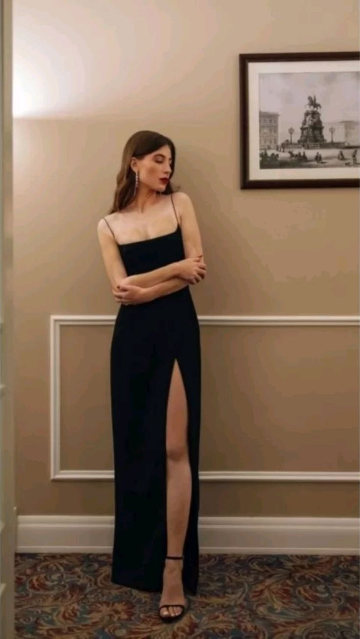 Simple A Line Straps Long Slit Black Prom Dresses P1251
