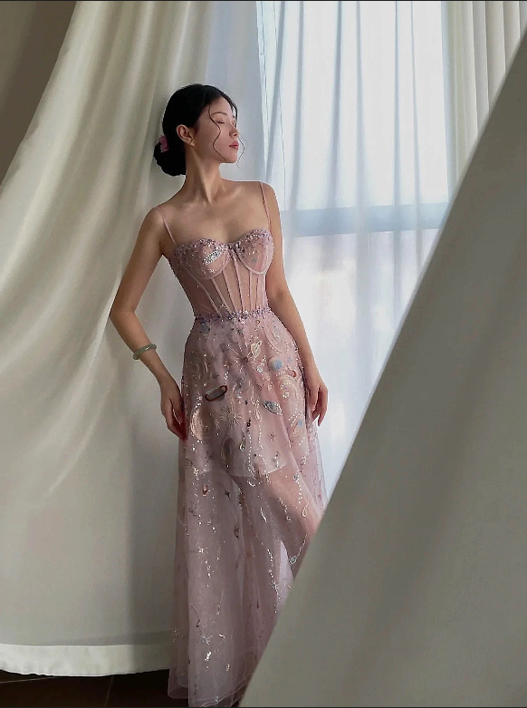 Fairy A line Straps Long Pink Lace Prom Dresses P1260