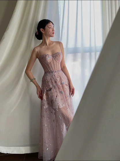 Fairy A line Straps Long Pink Lace Prom Dresses P1260