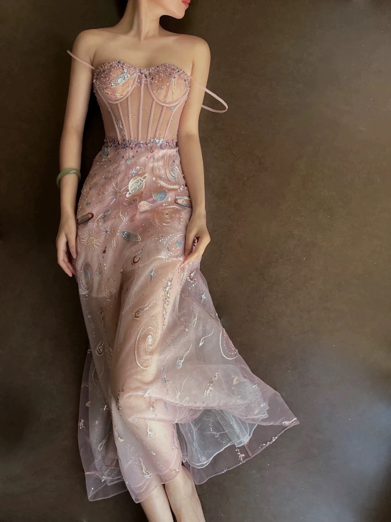 Fairy A line Straps Long Pink Lace Prom Dresses P1260