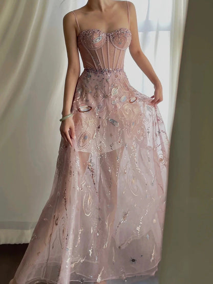 Fairy A line Straps Long Pink Lace Prom Dresses P1260