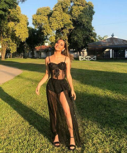 Sexy A line Straps Long Slit Black Prom Dresses P1264