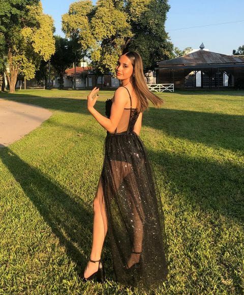 Sexy A line Straps Long Slit Black Prom Dresses P1264