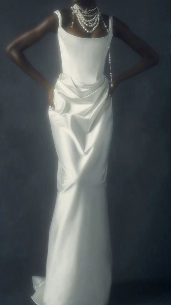 Vintage Mermaid Straps Long White Satin Backless Wedding Dresses P1279