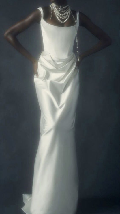 Vintage Mermaid Straps Long White Satin Backless Wedding Dresses P1279