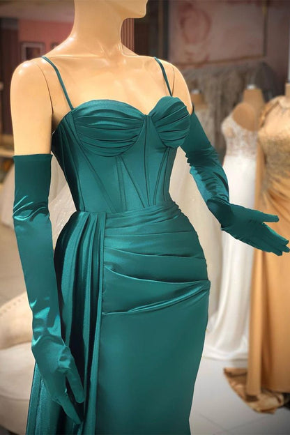 Elegant Mermaid Long Dark Green Spaghetti Straps Prom Dress With Ruffles P1291