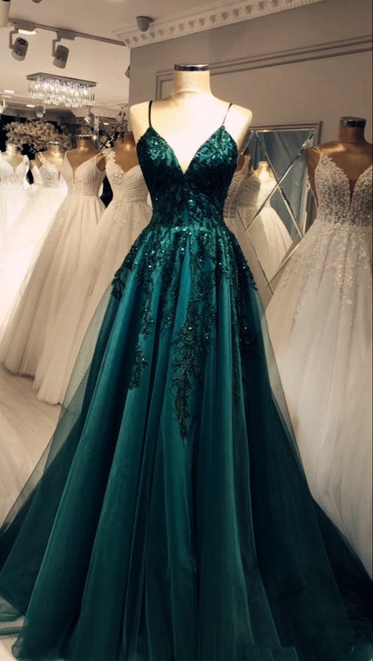 Elegant A line Green Tulle Spaghetti Straps Appliques Prom Dress P1294