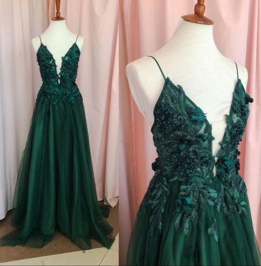 Vintage A line Straps Appliques Lace-Up Dark Green Tulle Prom Dresses P1298
