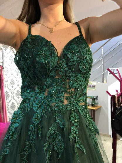 Vintage A line Straps Appliques Dark Green Tulle Prom Dresses P1299