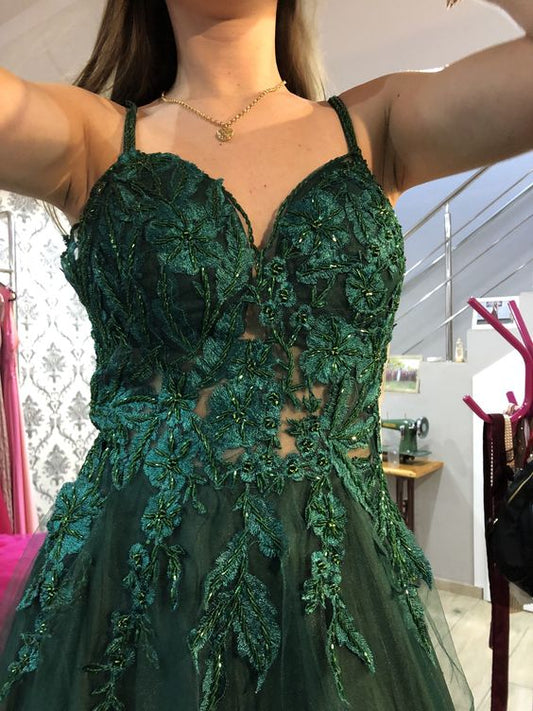 Vintage A line Straps Appliques Dark Green Tulle Prom Dresses P1299