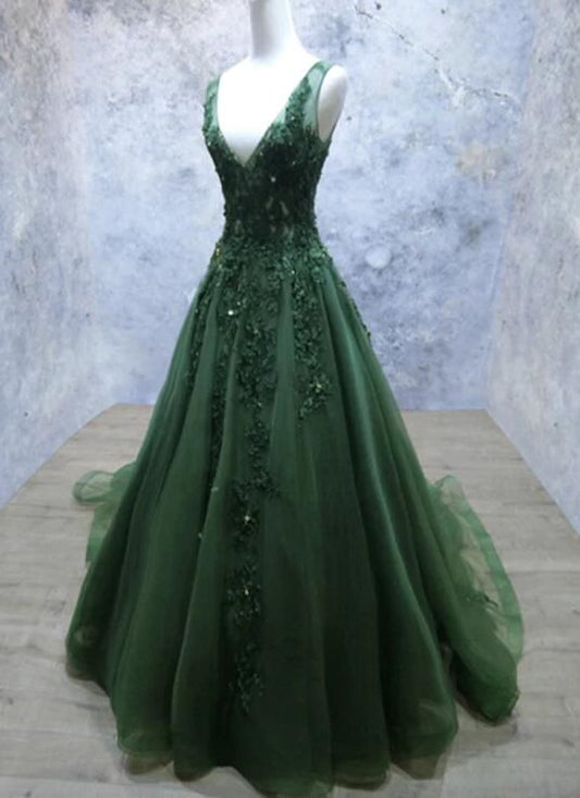 Dark Green A Line Backless Prom Dresses V Neck Appliqued Beaded Formal Dress P1302