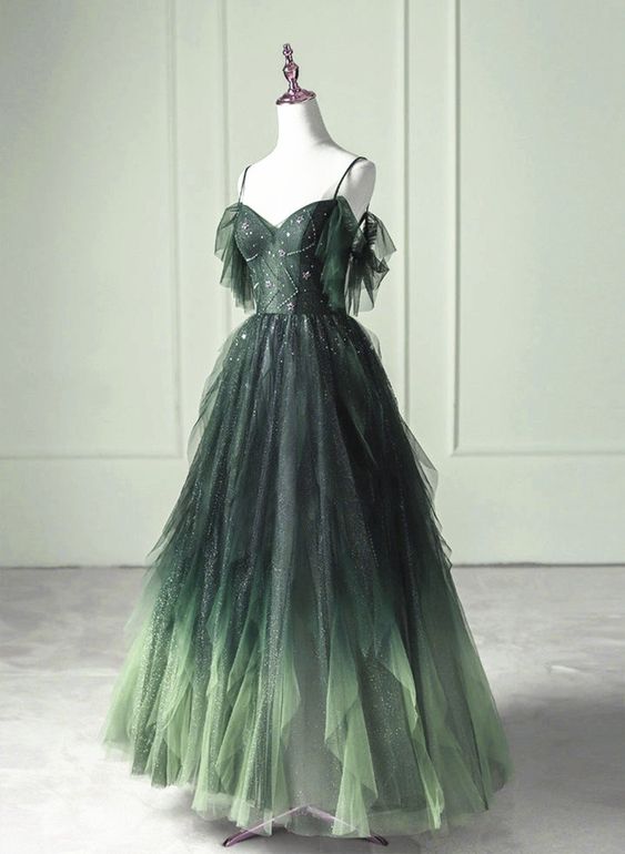 Green Beaded Straps Tulle Layers Long Prom Dress Green Formal Dress P1305