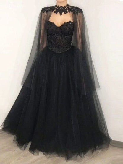 Vintage A line Beaded Strapless Tulle Long Prom Dress Black Formal Dress P1306