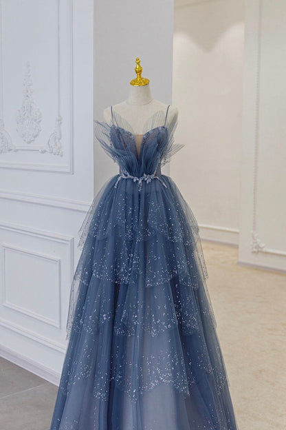 Vintage Blue Tulle Beaded Long Senior Prom Dress A-Line Blue Formal Dress P1307