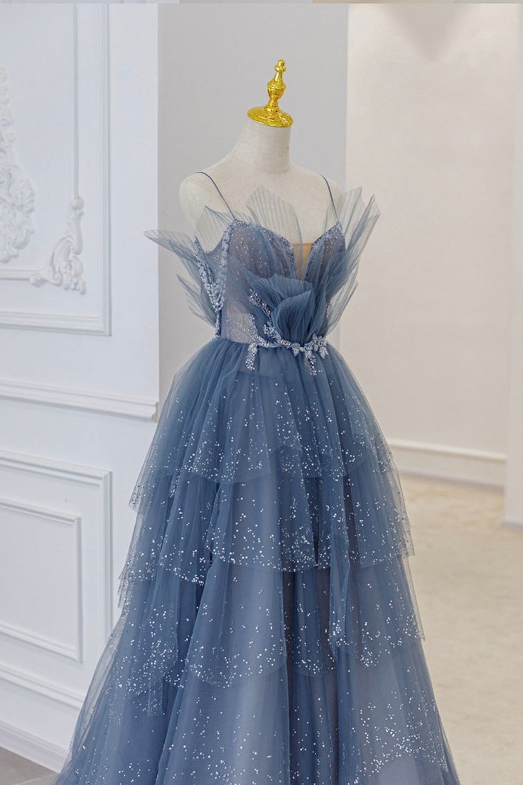Vintage Blue Tulle Beaded Long Senior Prom Dress A-Line Blue Formal Dress P1307