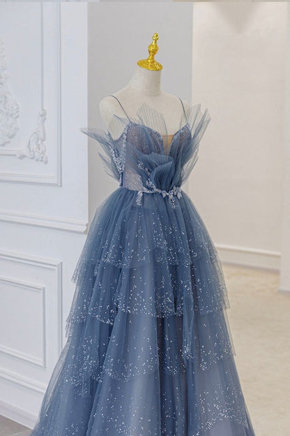 Vintage Blue Tulle Beaded Long Senior Prom Dress A-Line Blue Formal Dress P1307