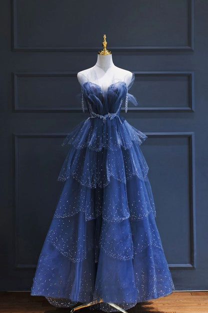 Vintage A-Line Blue Tulle Beaded Long Senior Prom Dress Formal Dress P1308