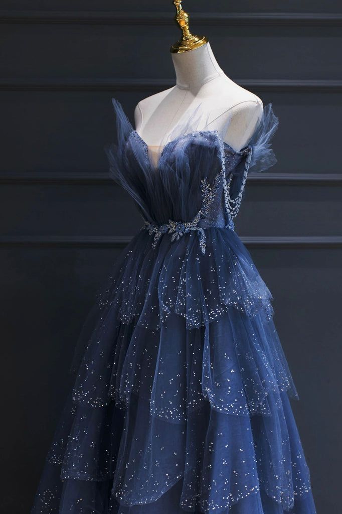 Vintage A-Line Blue Tulle Beaded Long Senior Prom Dress Formal Dress P1308