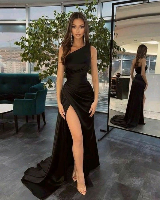 Sexy Mermaid One Shoulder Slit Long Black Prom Dresses P1350