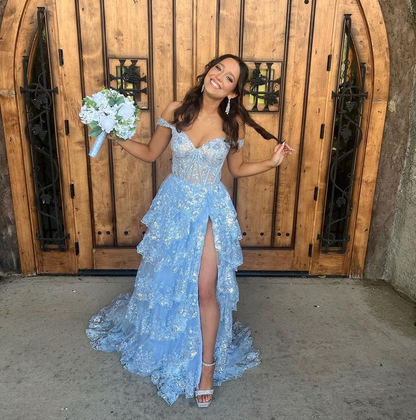 Cute A Line Off the Shoulder Blue Tulle Long Prom Dresses with Appliques P1393