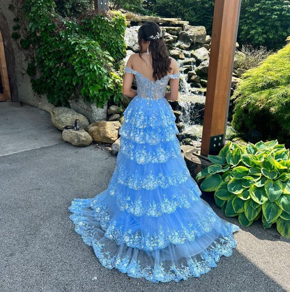 Cute A Line Off the Shoulder Blue Tulle Long Prom Dresses with Appliques P1393