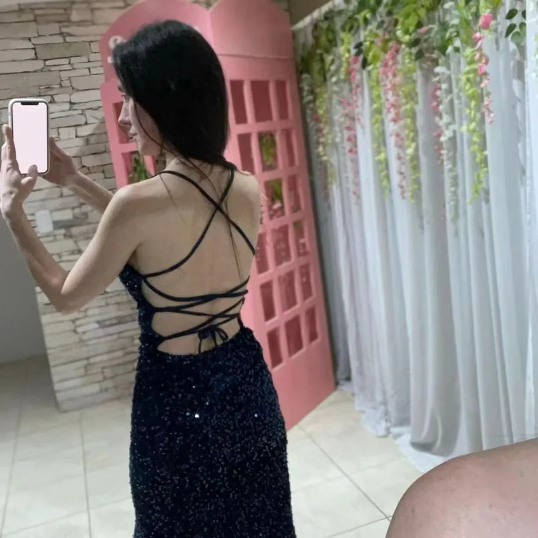 Glitter Sheath/Column Navy Blue Prom Dress with Split P1403