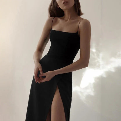 Simple Sheath Straps Long Black Slit Prom Dress P1414
