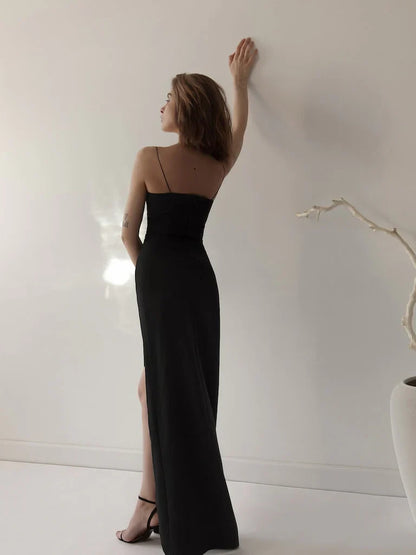 Simple Sheath Straps Long Black Slit Prom Dress P1414