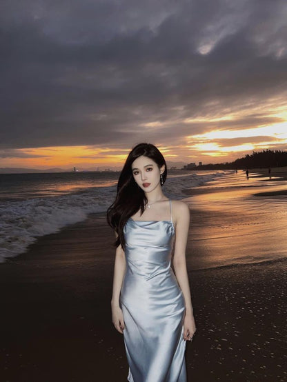 Modest A Line Strapless Light Sky Blue Backless Prom Dress P1436