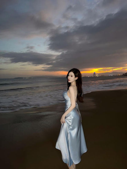 Modest A Line Strapless Light Sky Blue Backless Prom Dress P1436