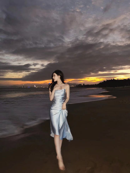 Modest A Line Strapless Light Sky Blue Backless Prom Dress P1436