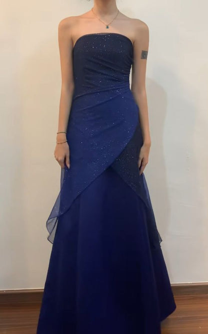 Vintage A line Strapless Navy Blue Long Prom Dress P1437