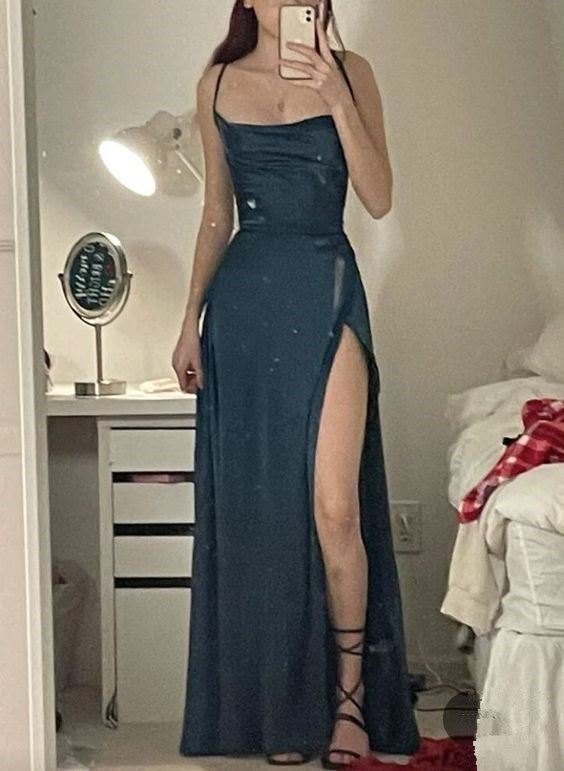 Modest A line Straps Navy Blue Slit Long Prom Dress P1448