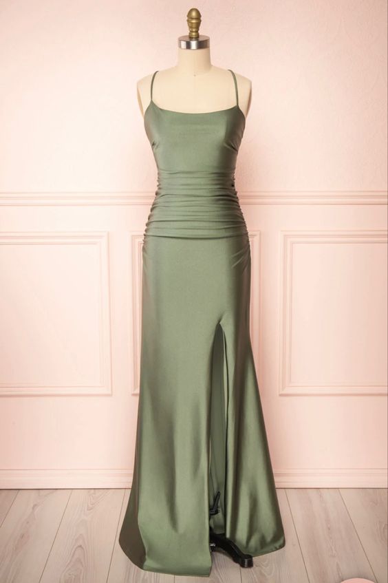 Modest Mermaid Straps Sage Green Slit Long Prom Dress P1450