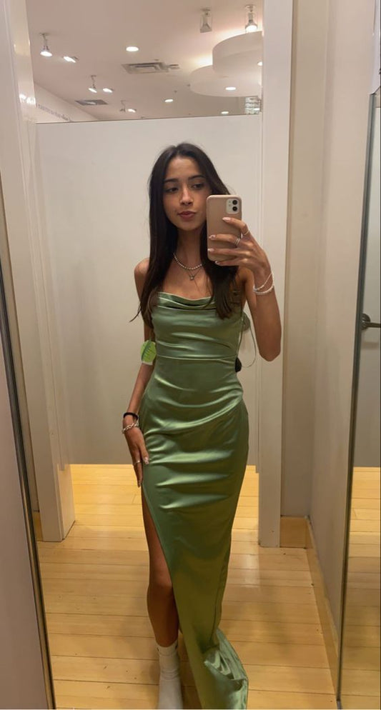 Simple Mermaid Straps Sage Green Slit Long Prom Dress P1451