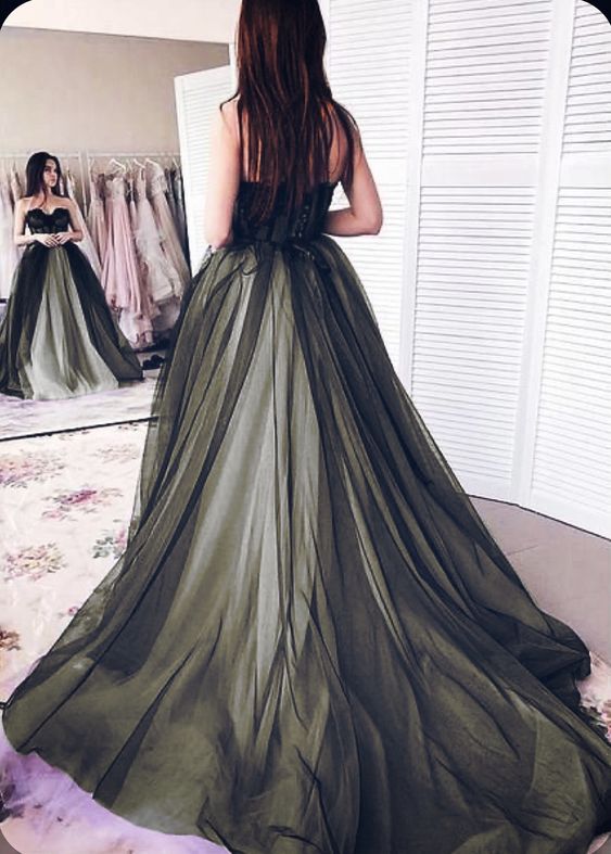 Vintage A Line Sweetheart Tulle Long Green Prom Dress P1457